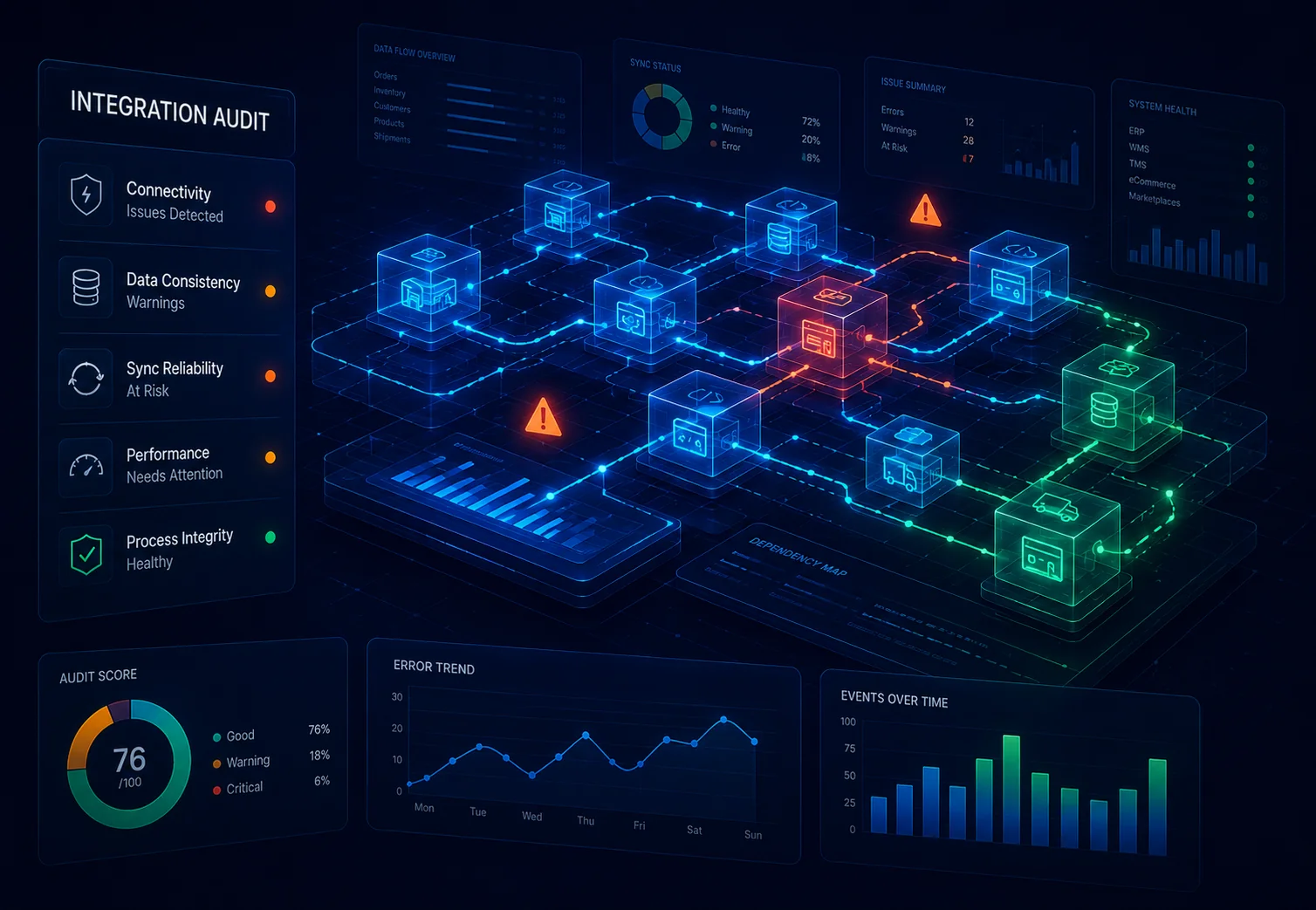 NetSuite integration audit dashboard showing connectivity, data consistency, sync reliability and performance findings