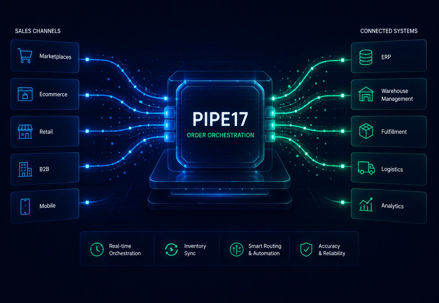 Pipe17 order orchestration connecting sales channels to ERP, warehouse, fulfillment, logistics and analytics systems